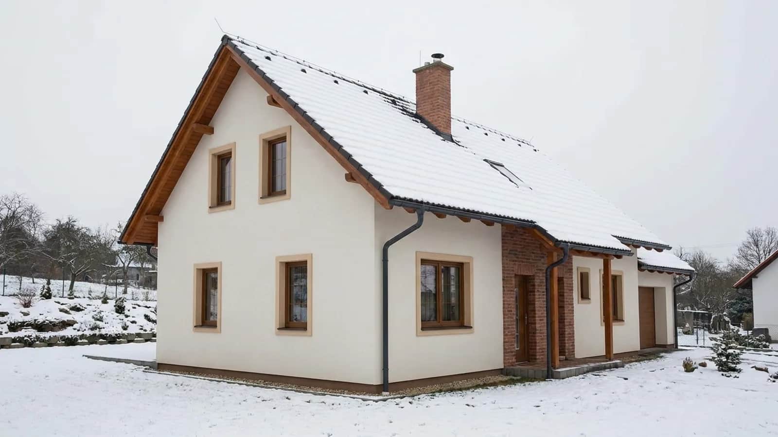 Rodinný dům se zděným komínem v zimě.
