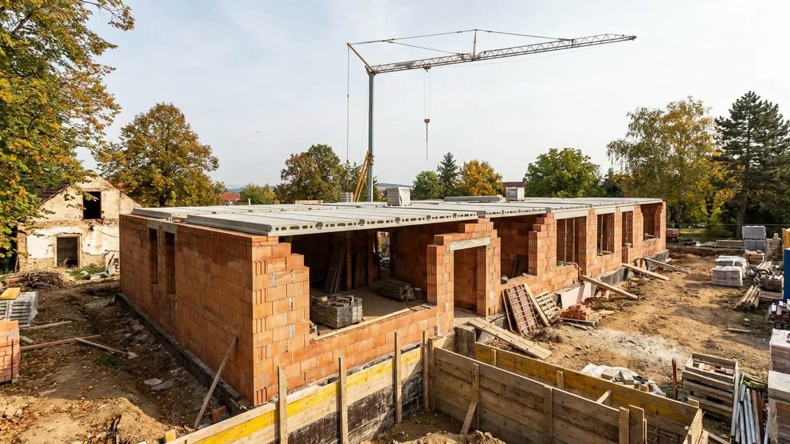 Rekonstrukce budovy s rozestavěnou střešní konstrukcí.