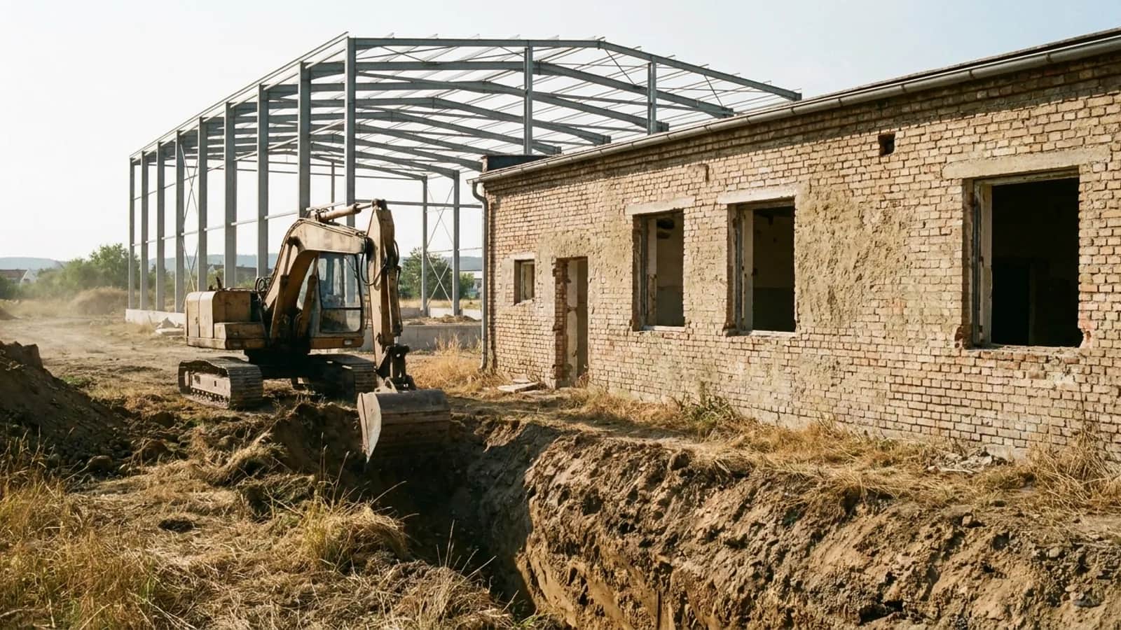 Staveniště s bagrem u výkopu vedle staré přízemní budovy.