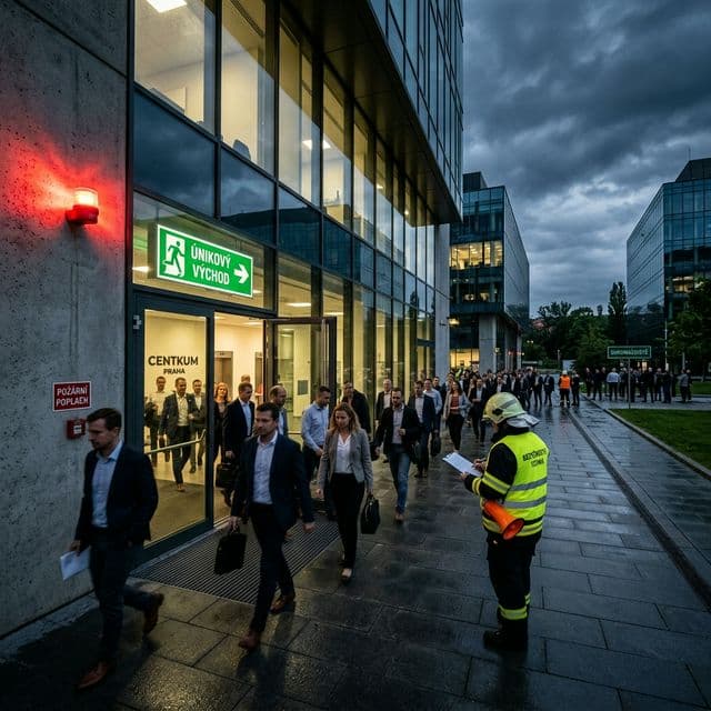 Cvičný požární poplach — zaměstnanci evakuují budovu