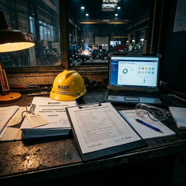 Dokumentace BOZP na pracovním stole s přilbou a laptopem