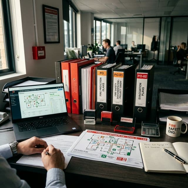 Technik PO zpracovává dokumentaci požární ochrany u pracovního stolu