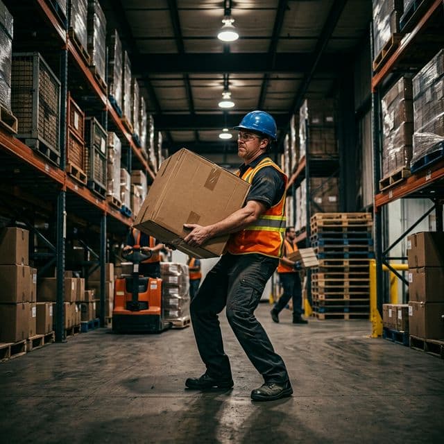 Skladník zvedající těžký balík ve skladu