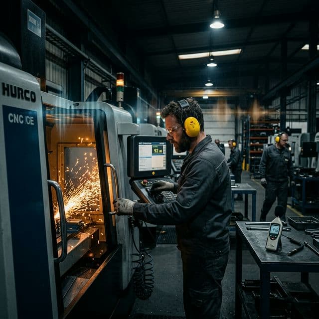 Pracovník s chrániči sluchu u CNC stroje ve výrobní hale