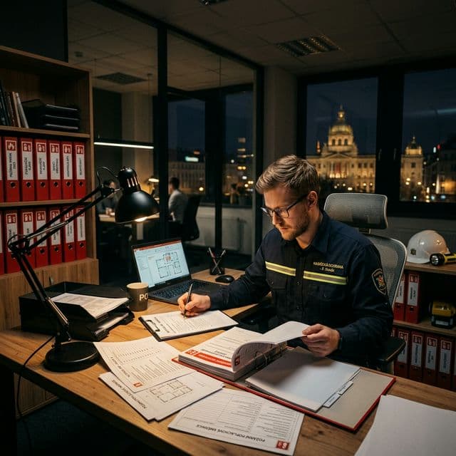 Technik PO kontroluje dokumentaci požární ochrany v kanceláři