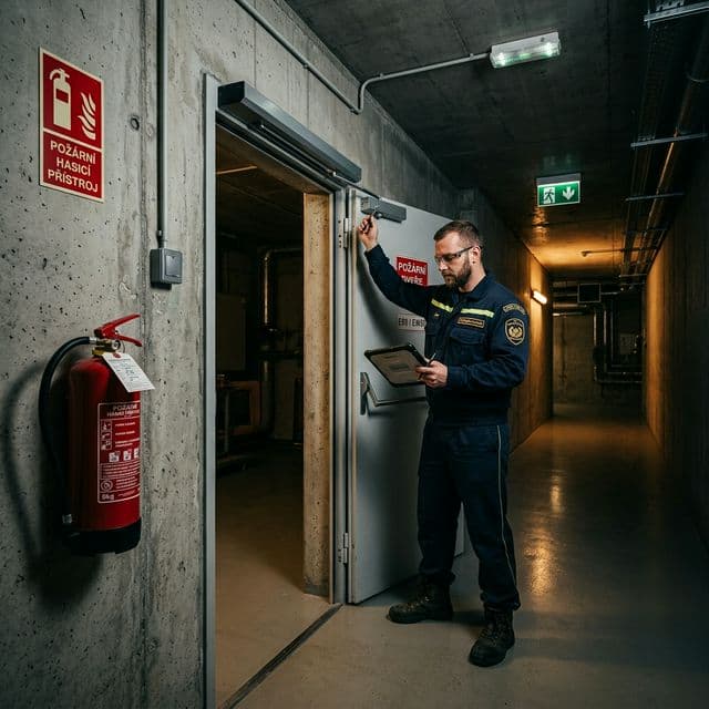 Technik PO kontroluje požární dveře a samozavírač