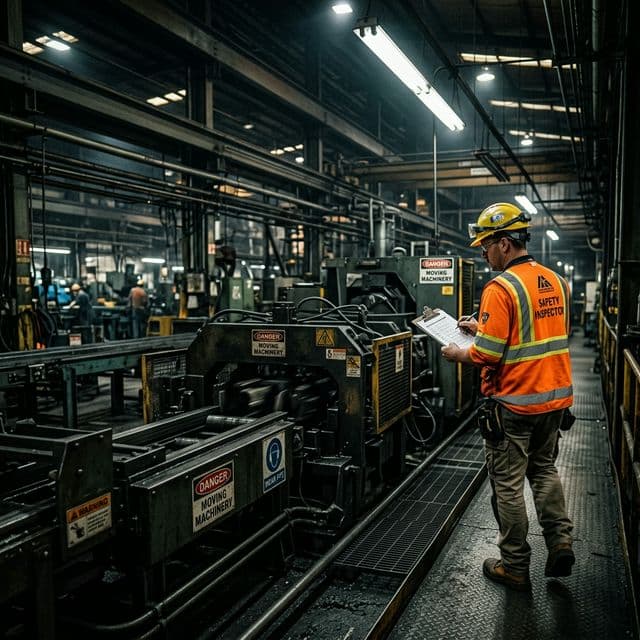 Kontrolní činnost BOZP — inspektor kontroluje pracoviště v průmyslovém závodě