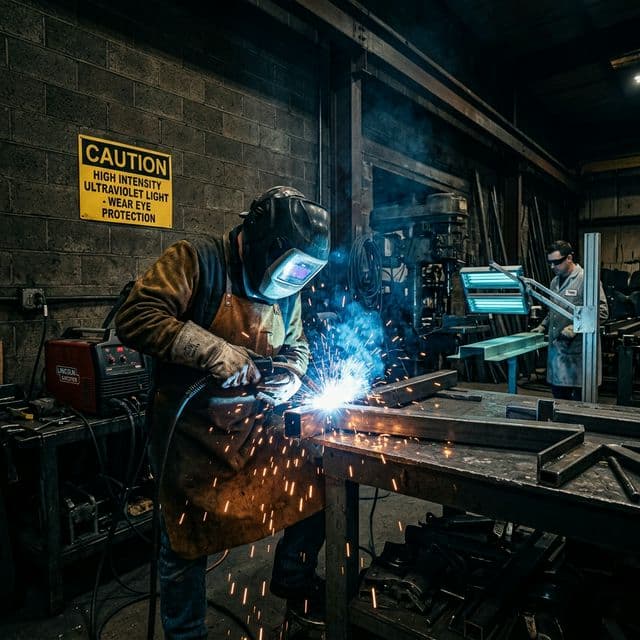 Svářeč s ochrannou kuklou u svařovacího oblouku s intenzivním UV zářením