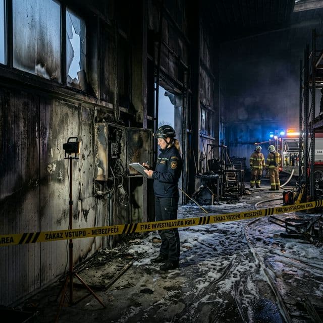 Vyšetřování požáru — technik dokumentuje místo události