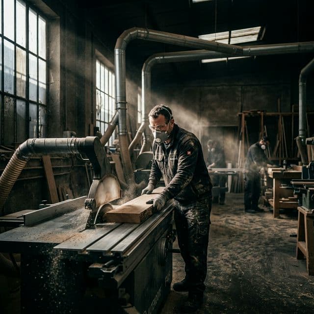 Pracovník s respirátorem v zaprášené truhlářské dílně