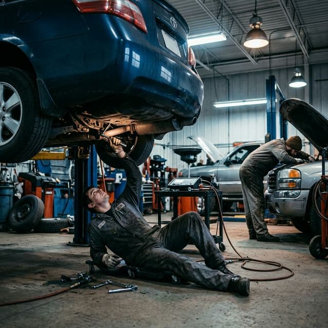 Automechanik pracující v nucené poloze pod vozidlem