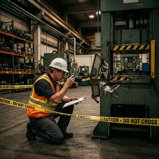 Šetření pracovního úrazu — inspektor dokumentuje nehodu v průmyslovém závodě