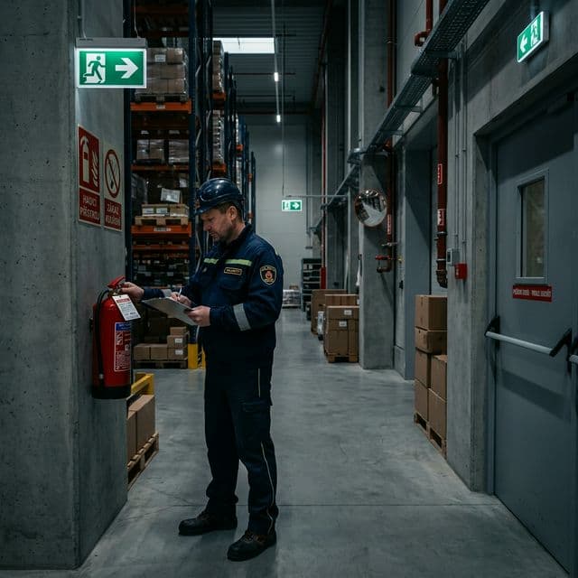 Technik PO provádí preventivní požární prohlídku ve skladu