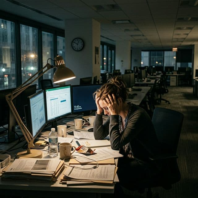 Vyčerpaný pracovník u počítače v tmavé kanceláři v noci