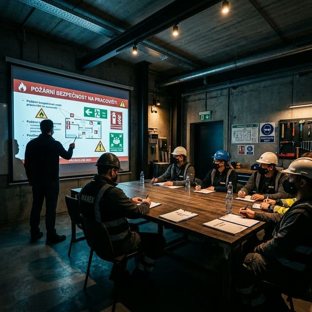 Školení BOZP — pracovníci v přilbách na školení bezpečnosti práce