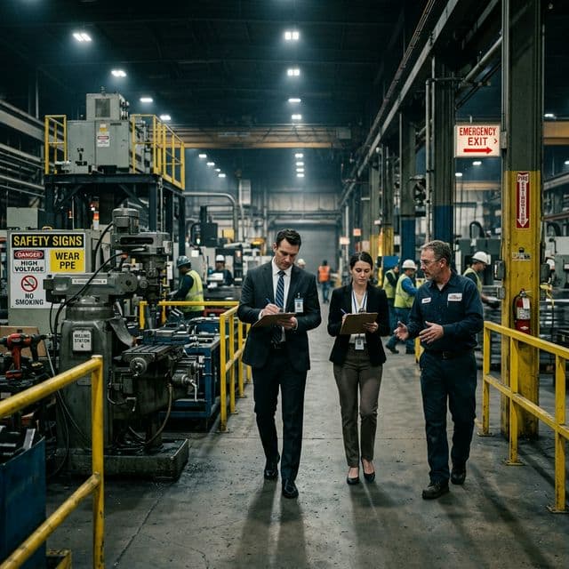 Státní kontrola BOZP — inspektoři procházejí průmyslový provoz