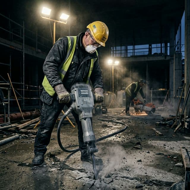 Pracovník se sbíječkou na stavbě