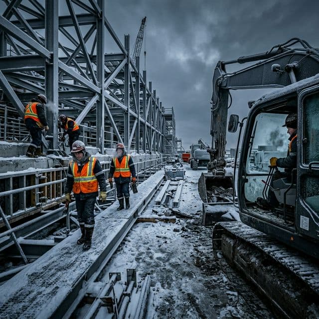 Stavební dělníci pracující v mrazu na zasněženém staveništi
