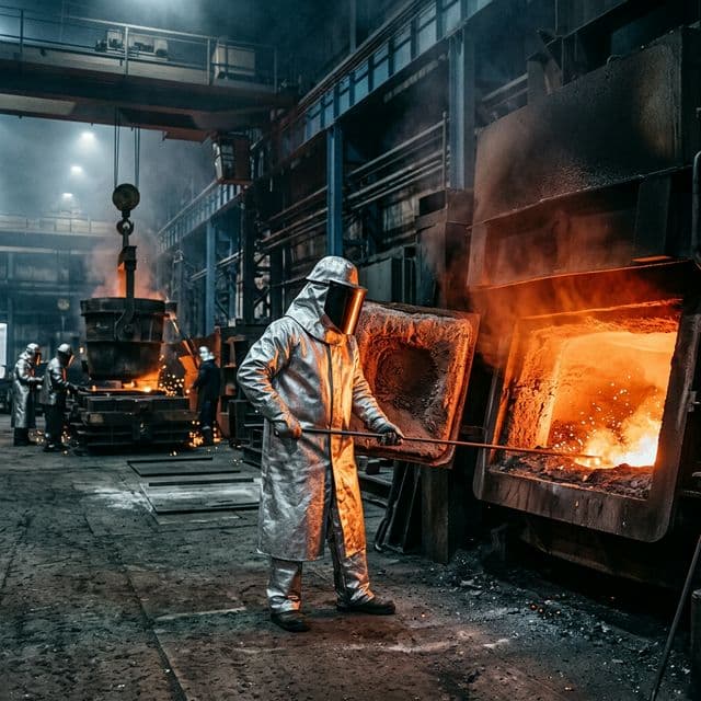 Hutník v ochranném obleku u tavicí pece s roztaveným kovem