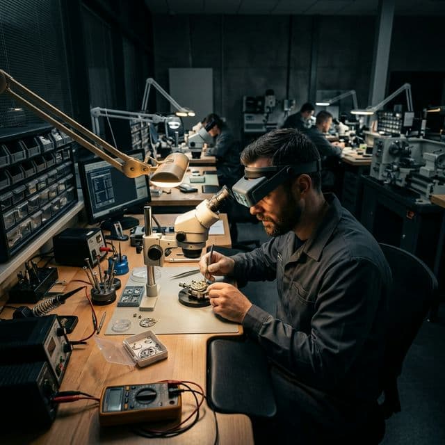 Technik s lupovými brýlemi pracující na precizních součástkách