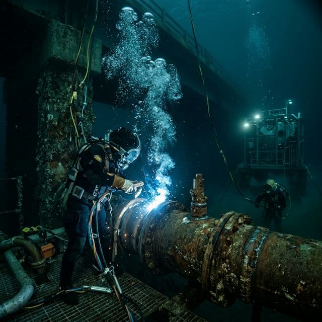 Komerční potápěč svařující potrubí pod vodou