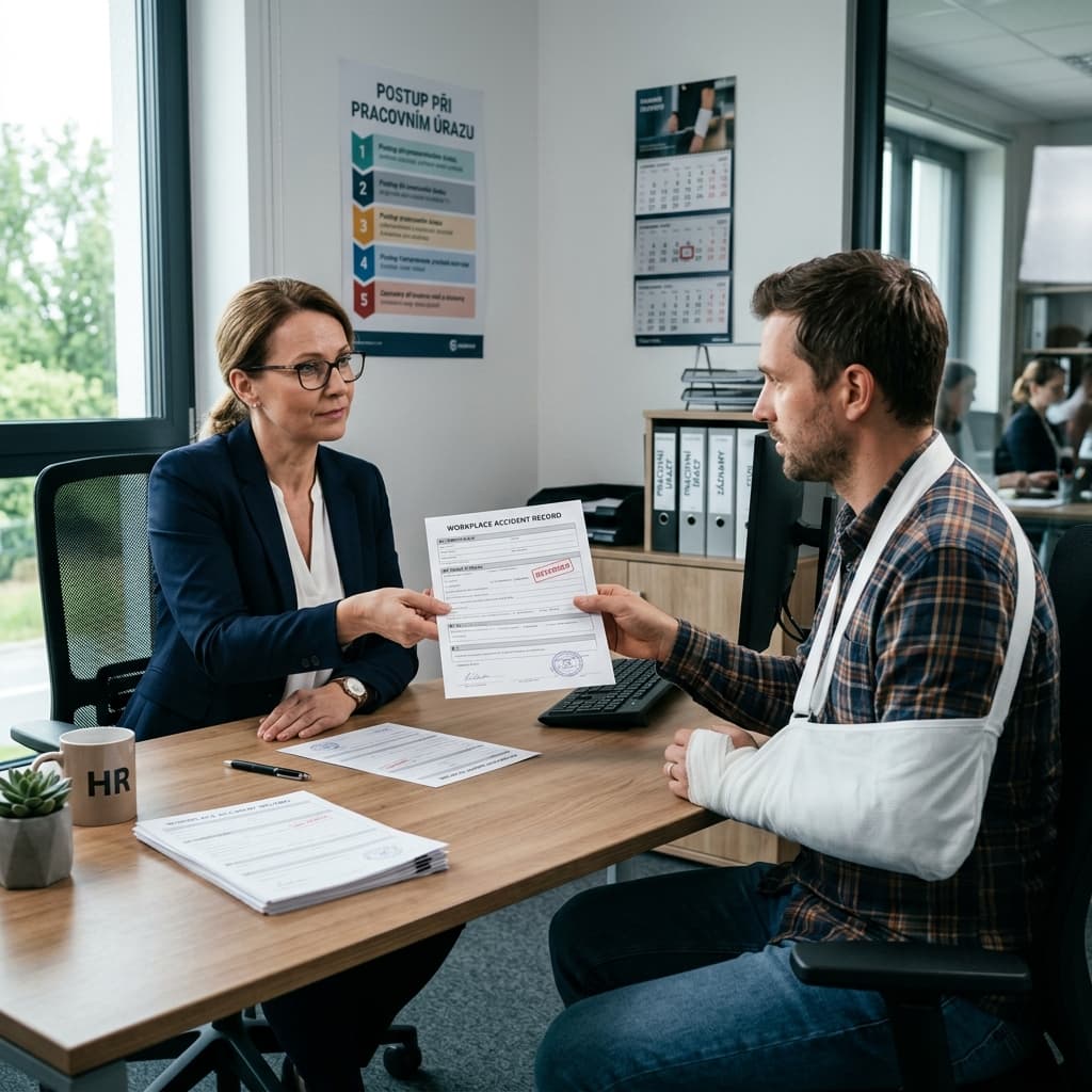 Formulář předání záznamu o úraze — prohlášení zaměstnance, podpisy, hlášení změn