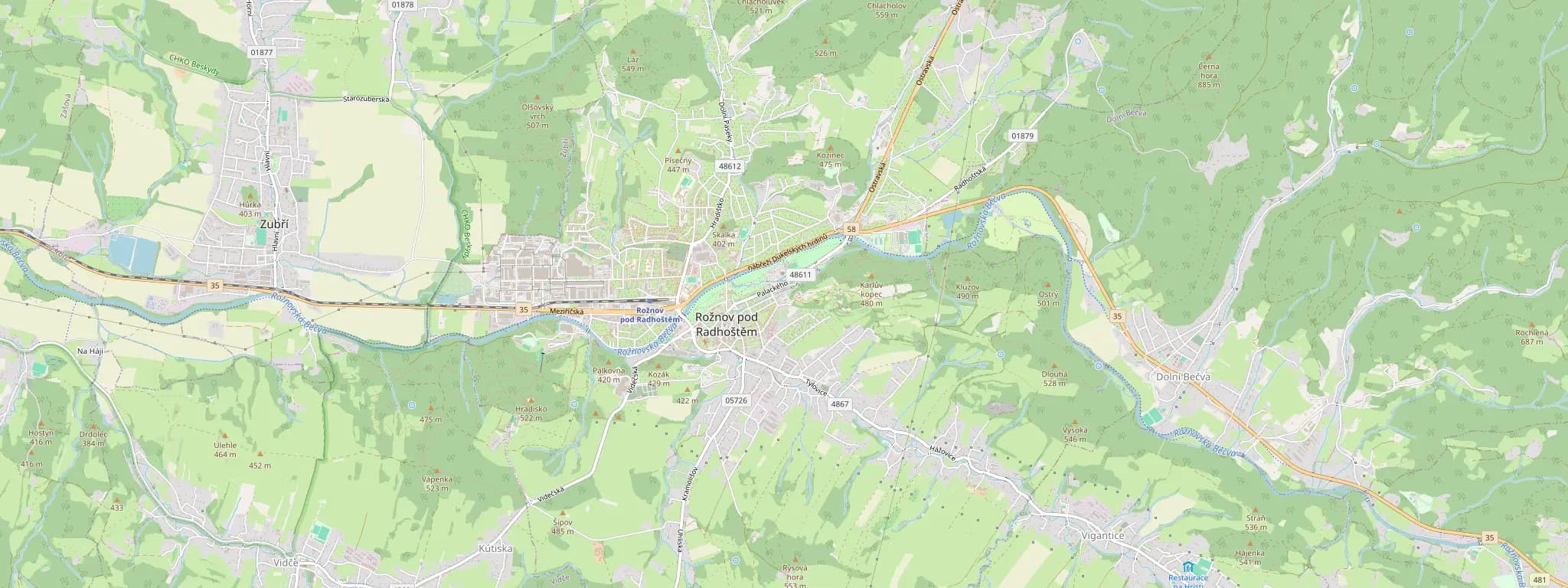 Mapa Rožnova pod Radhoštěm