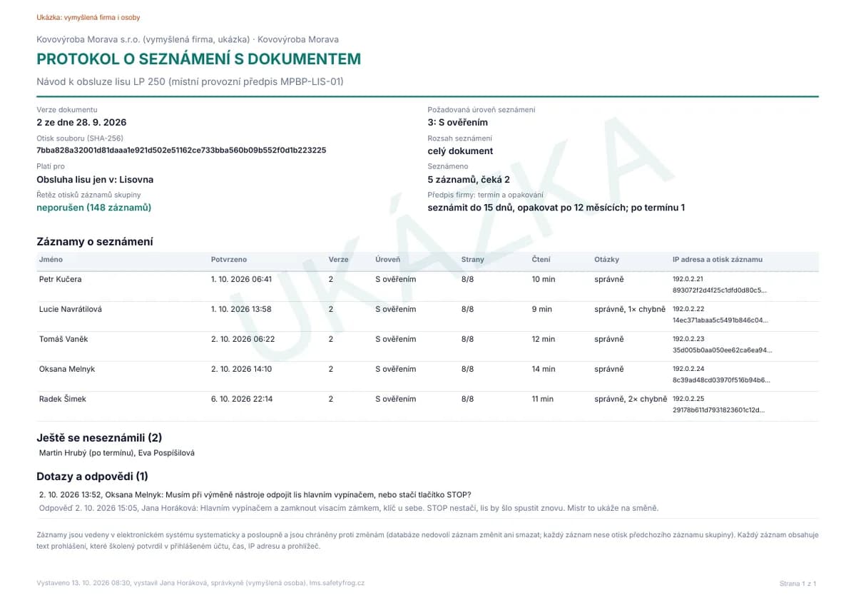 Ukázka protokolu o seznámení: návod k obsluze lisu, platí pro obsluhu lisu v lisovně, šest lidí seznámeno, dva čekají, jeden dotaz s odpovědí