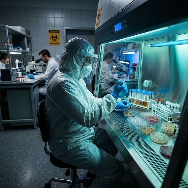 Laboratorní pracovník v ochranném obleku pracující s biologickými vzorky