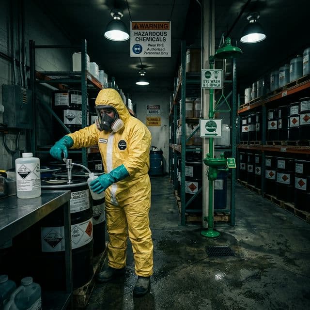 Pracovník v ochranném chemickém obleku s respirátorem ve skladu chemikálií