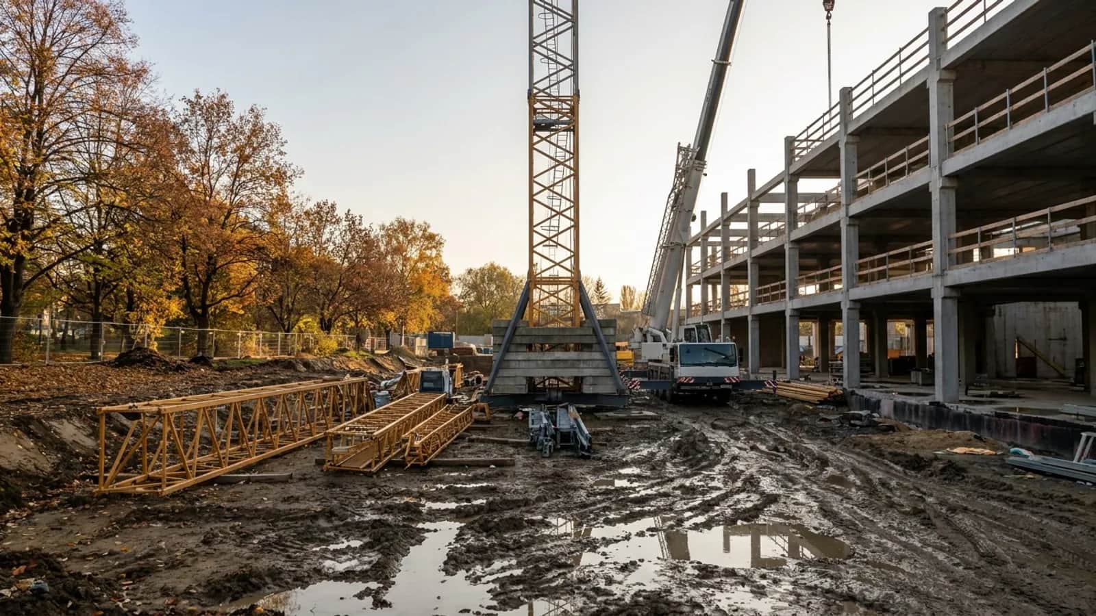Staveniště s rozestavěným věžovým jeřábem a autojeřábem při montáži.