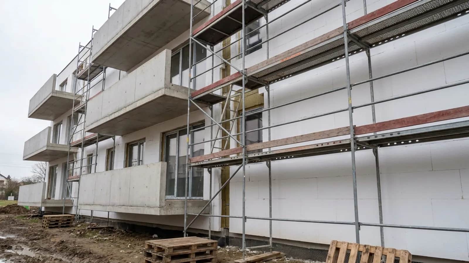 Rozestavěný bytový dům s balkony a fasádním lešením podél zateplované fasády.