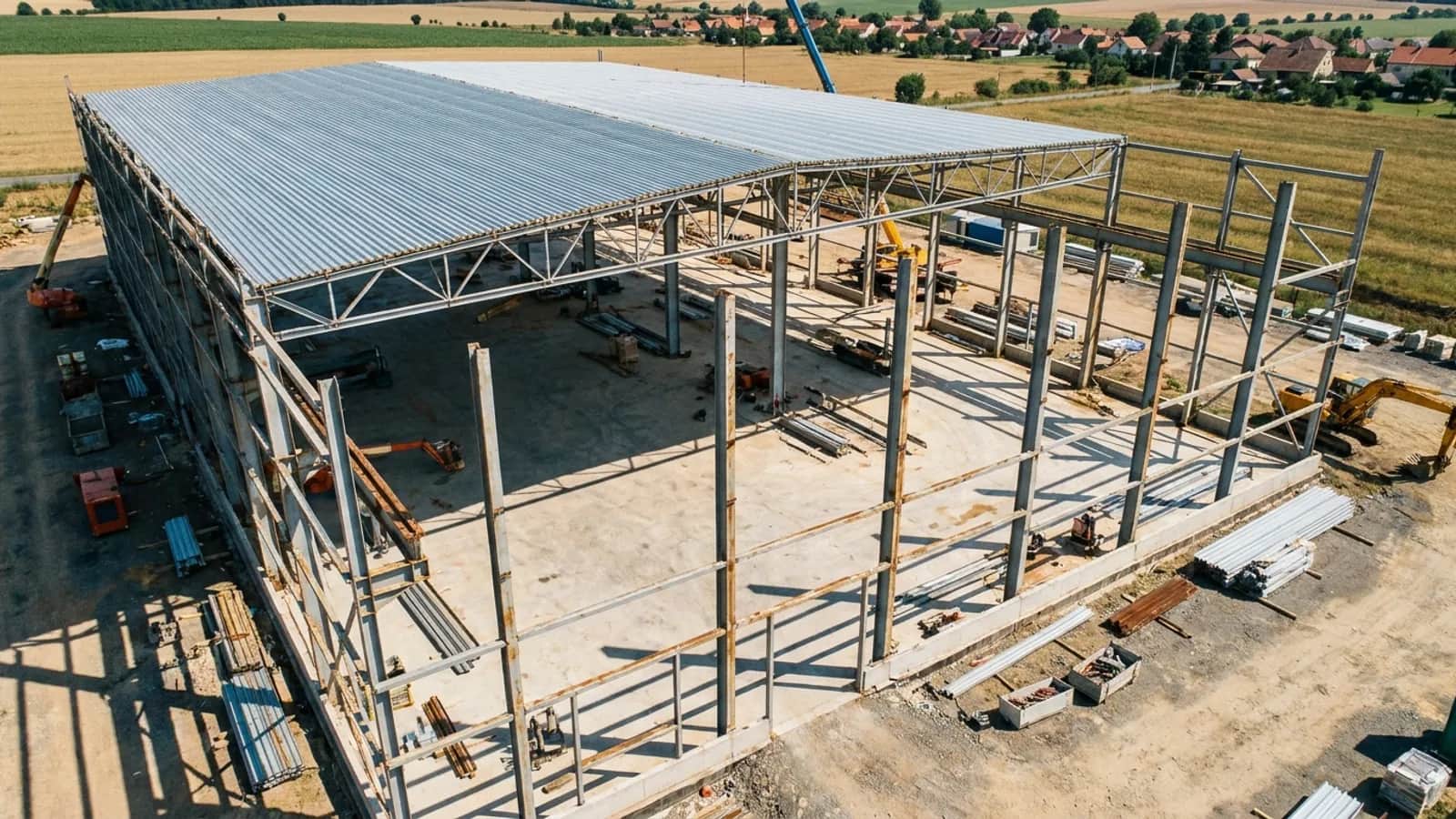 Rozestavěná výrobní hala s ocelovou konstrukcí a částečně položenou střešní krytinou.