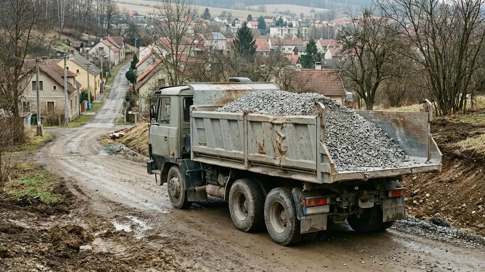 Starší nákladní auto naložené kamennou drtí stojí u staveniště nad městem.