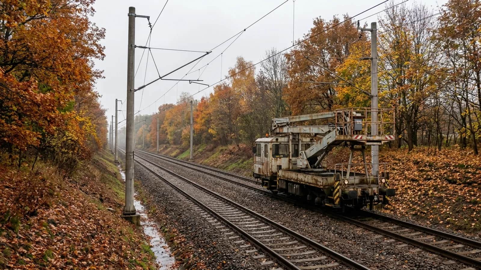 Dvoukolejná železniční trať s trakčním vedením a pracovním vozem u trati.