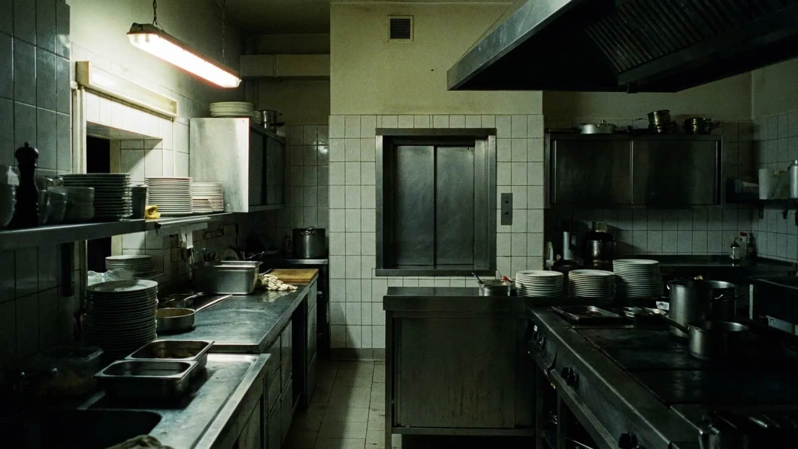 Kuchyně restaurace v noci se stohy talířů a dvířky nákladního výtahu ve zdi.