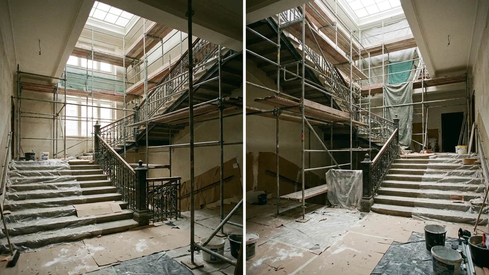 Vnitřní schodiště hotelu při výmalbě, nad ním trubkové lešení.