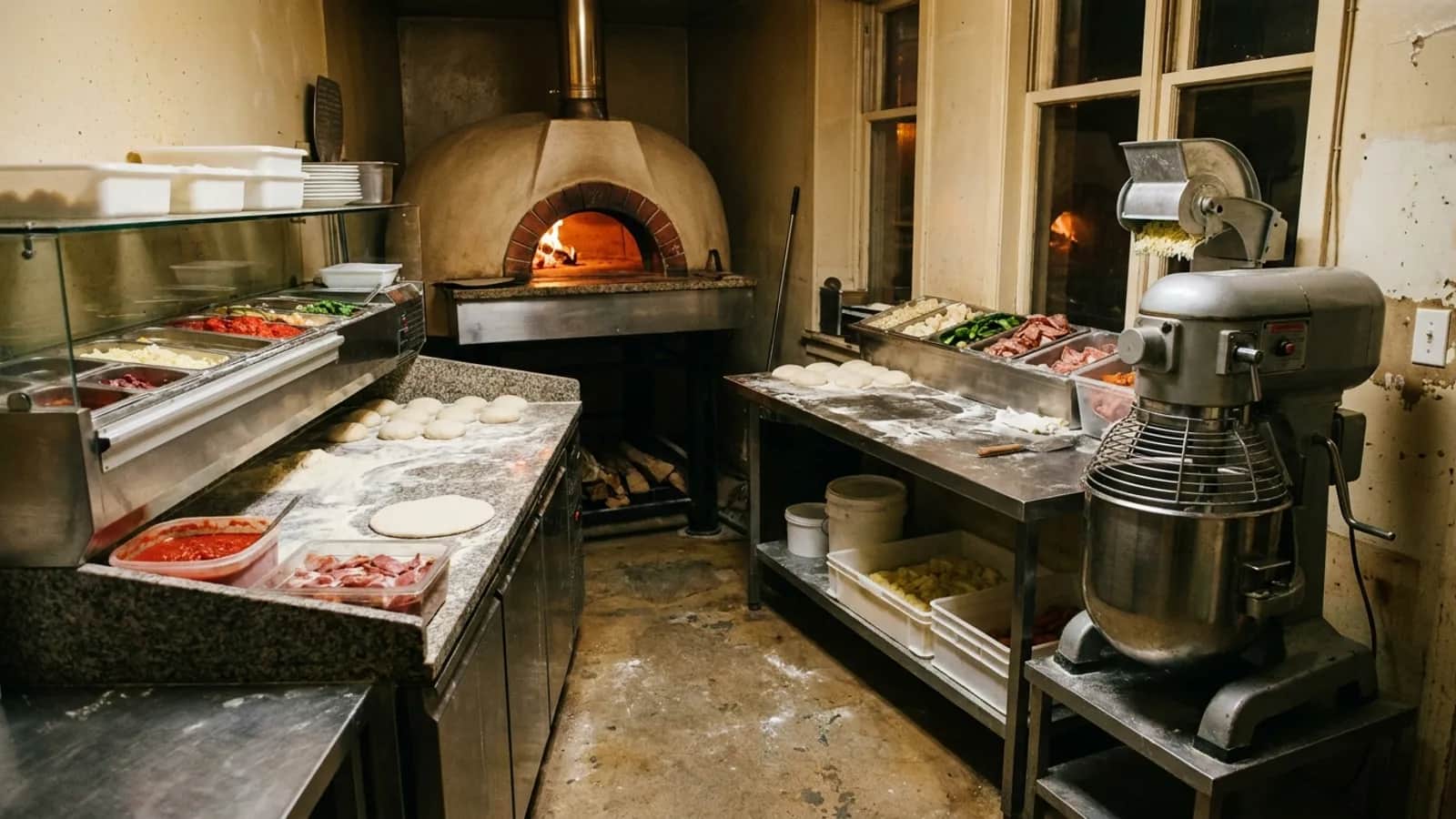 Kuchyně pizzerie s nerezovými pracovními deskami a kuchyňským robotem na kraji pultu.