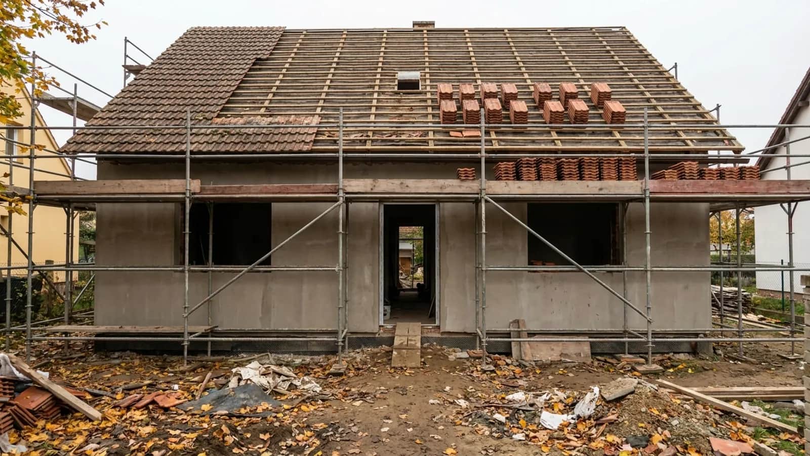 Rodinný dům s trubkovým lešením u fasády a rozkrytou střechou při výměně krytiny.