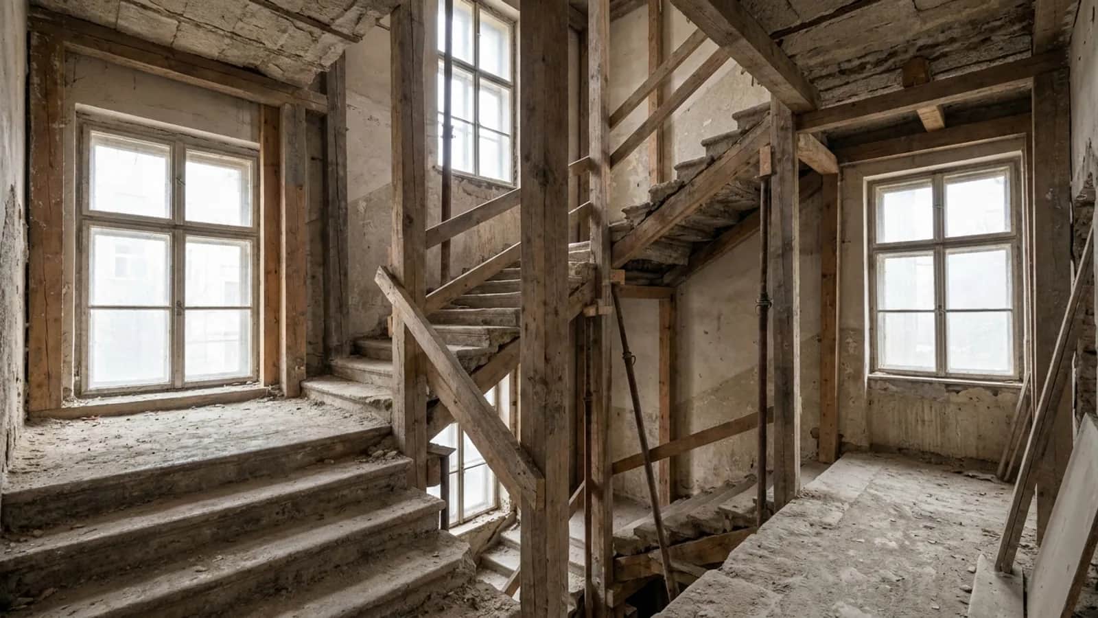 Schodiště starého činžovního domu při rekonstrukci s dřevěným bedněním.