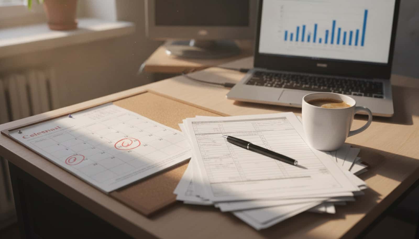 Stůl s kalendářem, vyplněnými formuláři a notebookem s grafem po měsících
