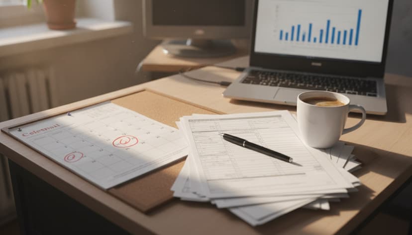 Stůl s nástěnným kalendářem s vyznačenými dny, vyplněnými formuláři a notebookem