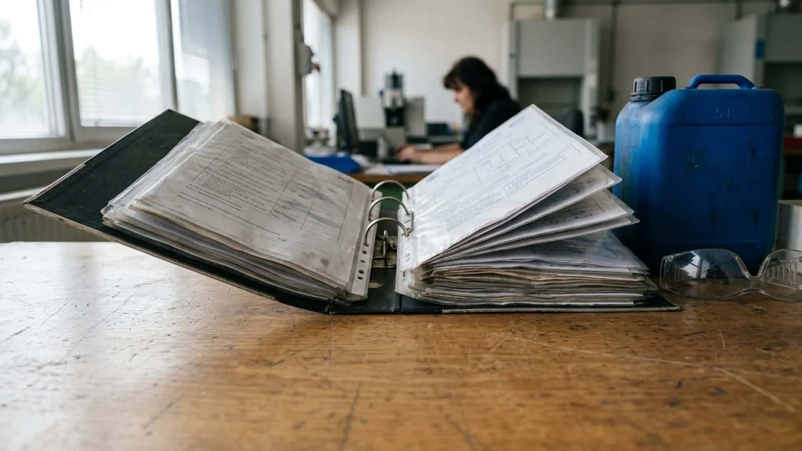 Otevřený pořadač s dokumentací leží na stole vedle kanystru s chemií a ochranných brýlí.