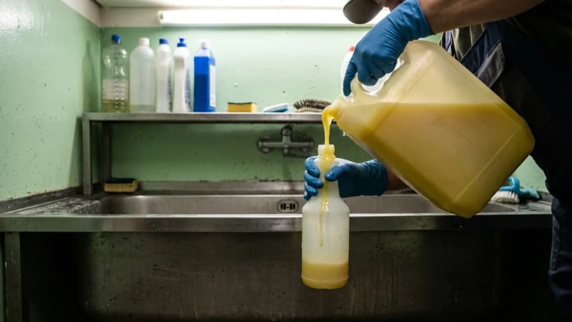 Ruce v gumových rukavicích přelévají čisticí prostředek do rozprašovače v úklidové komoře.