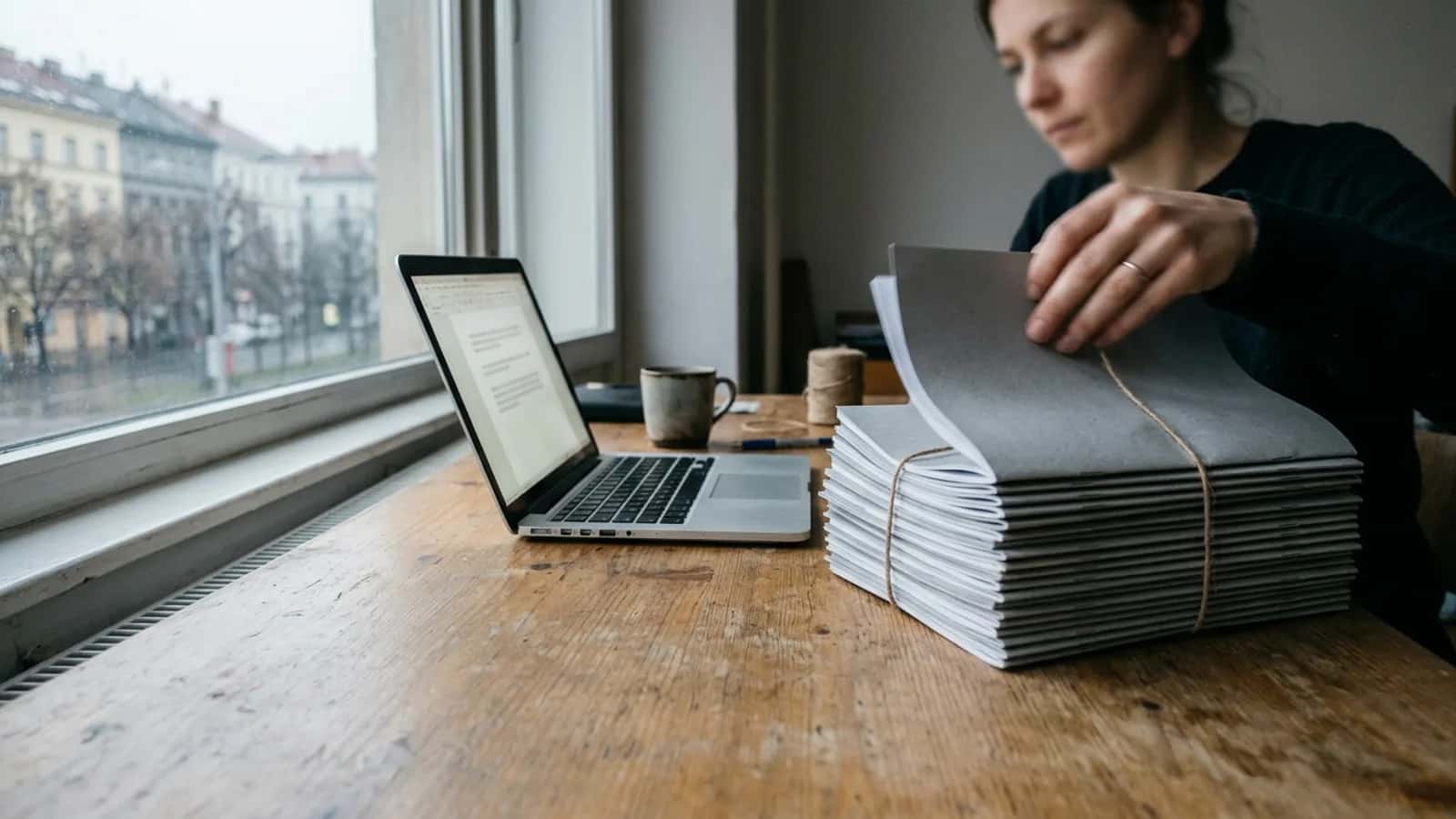 Ruka listuje jednou z vysokého stohu šedých svázaných brožur, které leží vedle otevřeného notebooku.