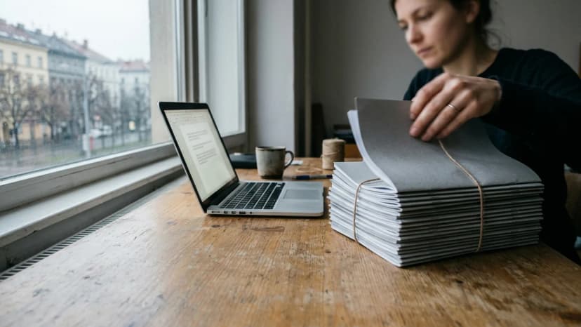 Ruka listuje jednou z vysokého stohu šedých svázaných brožur, které leží vedle otevřeného notebooku.