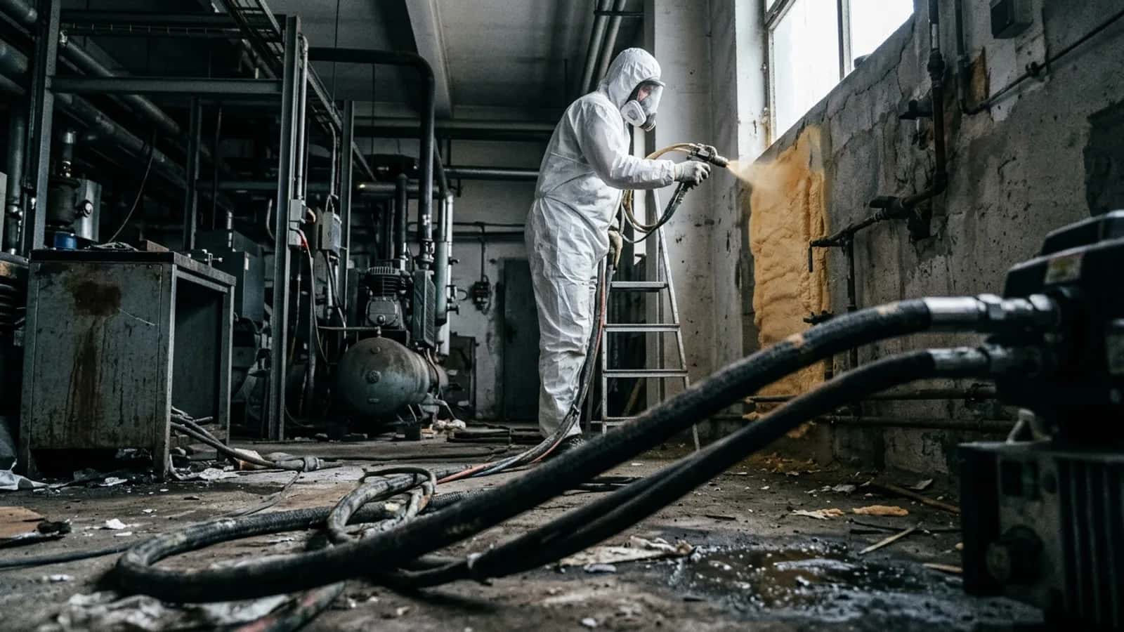 Pracovník v celoobličejové masce nanáší polyuretanovou izolaci vysokotlakou stříkací soupravou.