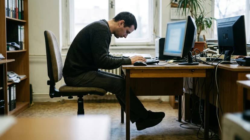 Člověk sedí shrbeně u počítače s monitorem umístěným pod úrovní očí.