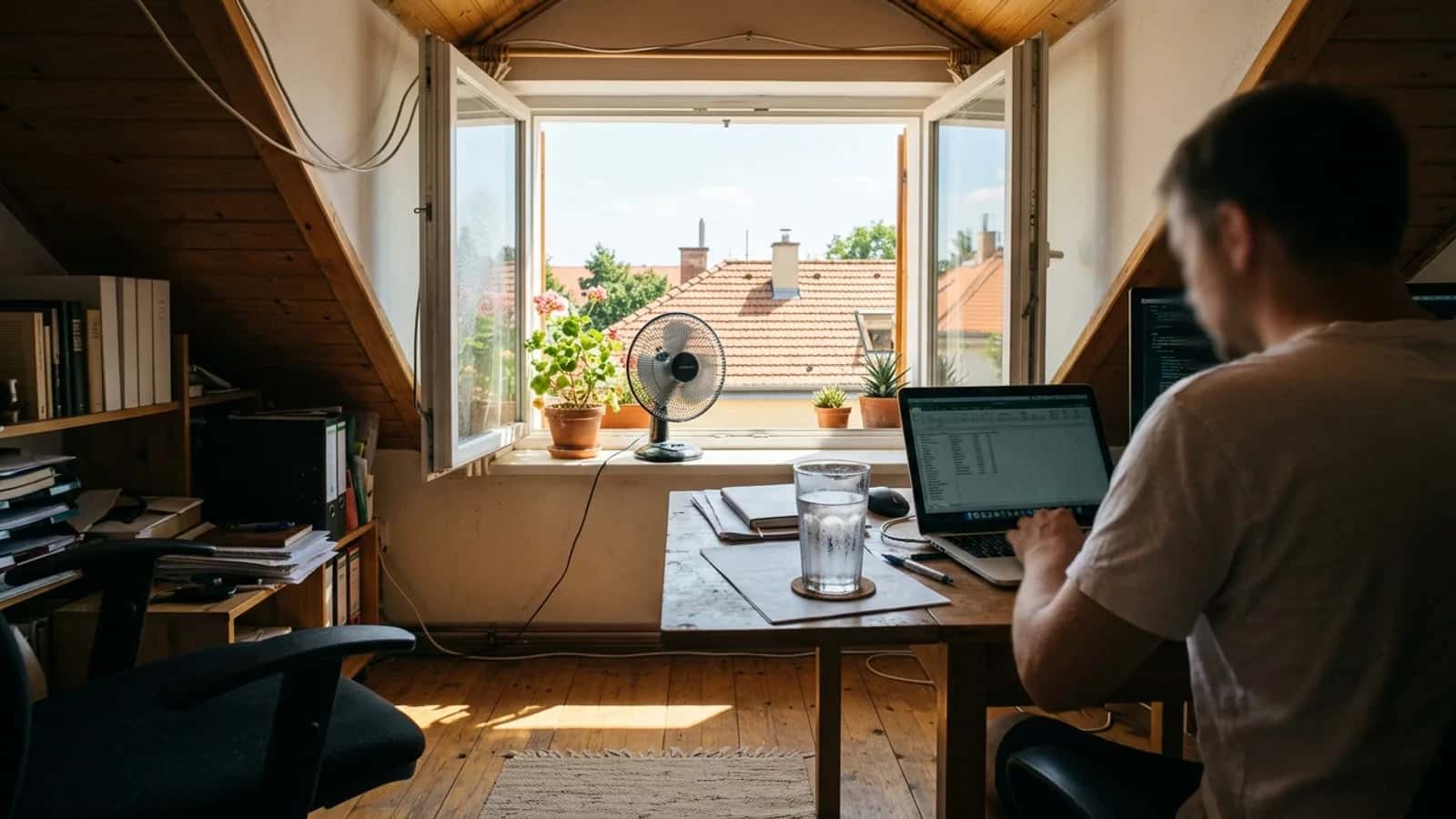 Malý ventilátor na parapetu otevřeného okna v podkrovní kanceláři, na stole notebook a sklenice s vodou.