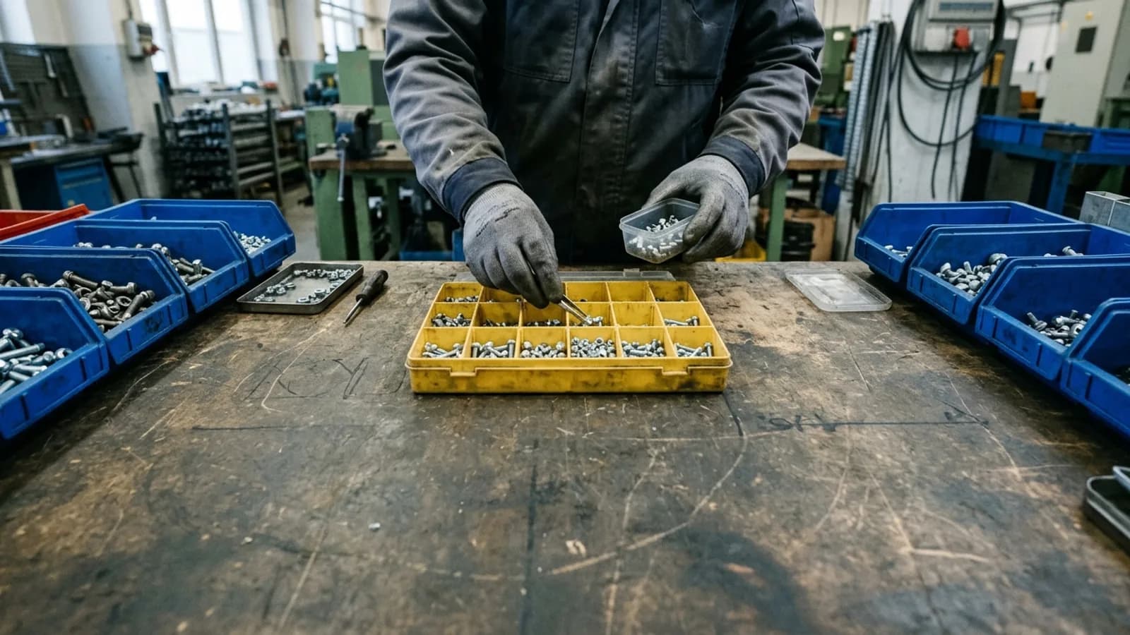 Ruce v pracovních rukavicích skládají drobné kovové díly na montážním stole, po stranách přepravky s dalšími díly.